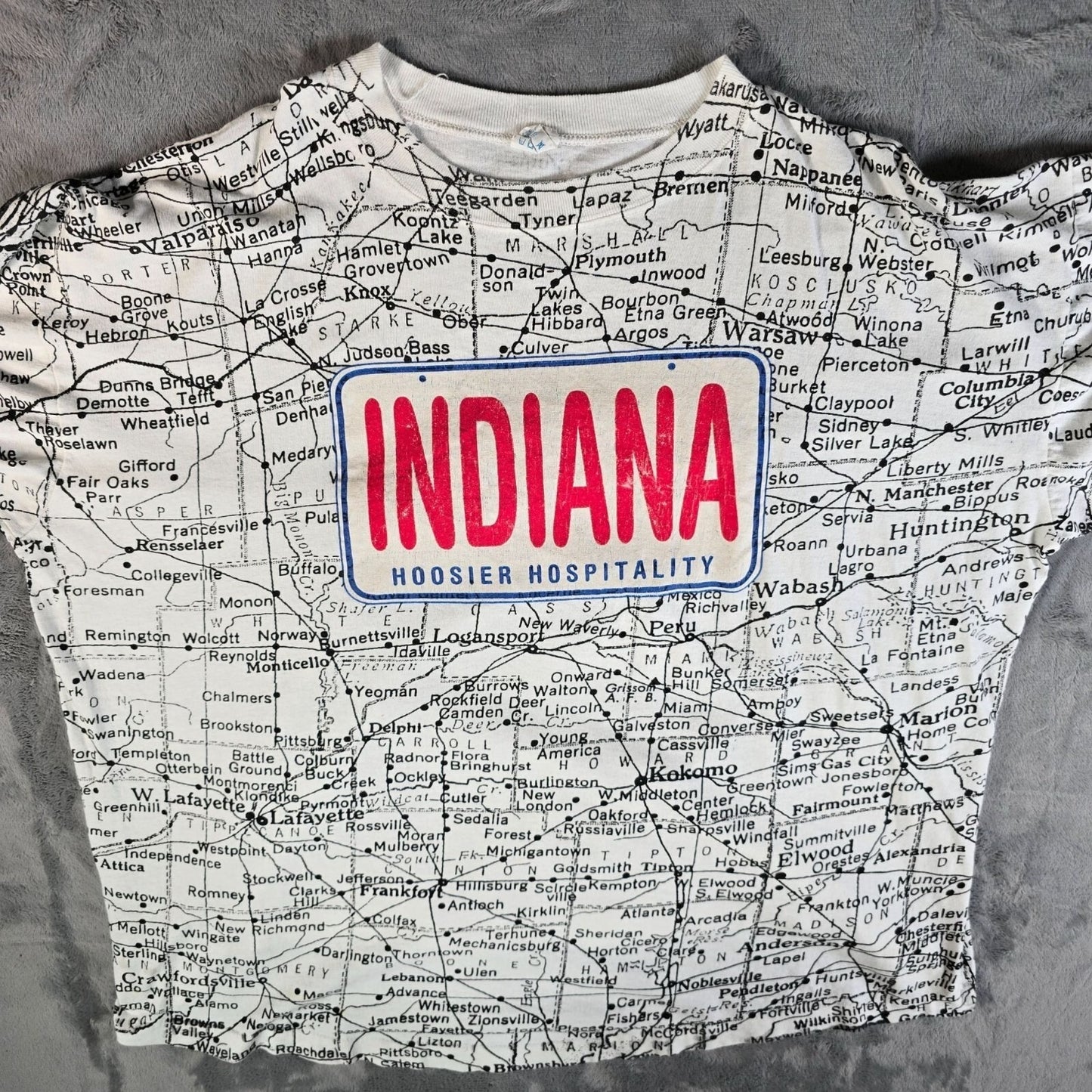 Vintage 1990s Indiana Hoosier Hospitality All Over Print Map T-Shirt (OSFA/3XL)