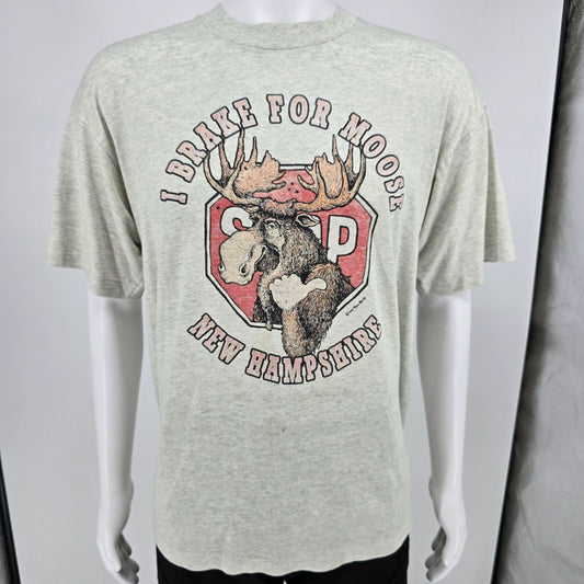Distressed Vintage 1990s New Hampshire "I Brake For Moose" Graphic T-Shirt (XL)