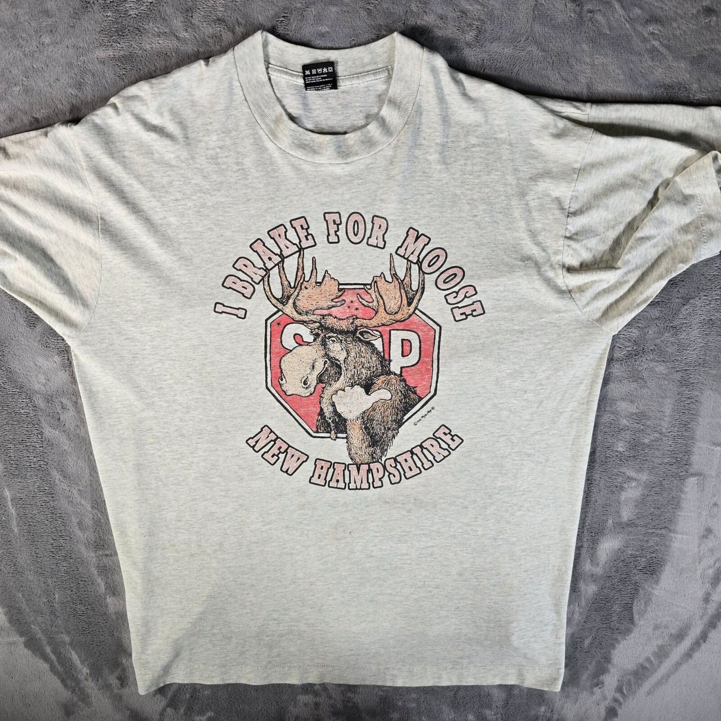 Distressed Vintage 1990s New Hampshire "I Brake For Moose" Graphic T-Shirt (XL)
