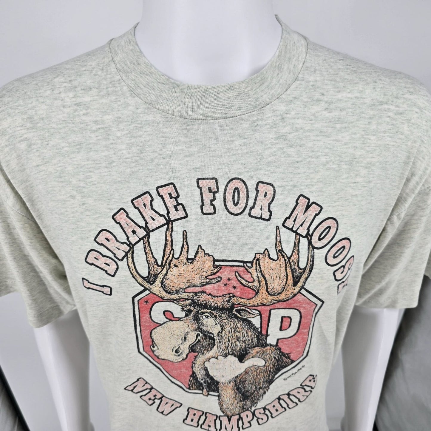 Distressed Vintage 1990s New Hampshire "I Brake For Moose" Graphic T-Shirt (XL)