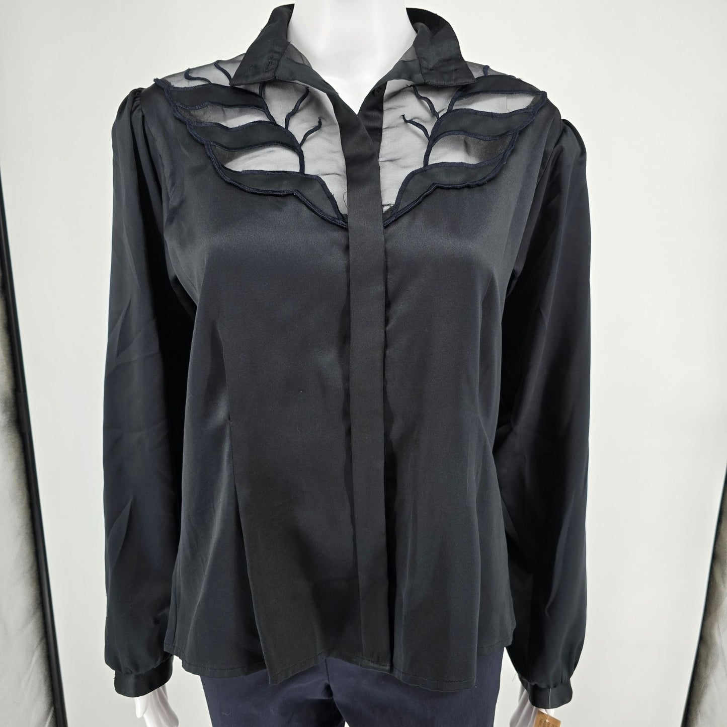 Vintage 1980s Women's Black Polyester Sheer Organza Insert Satin Blouse (M)