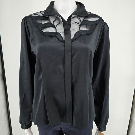 Vintage 1980s Women's Black Polyester Sheer Organza Insert Satin Blouse (M)