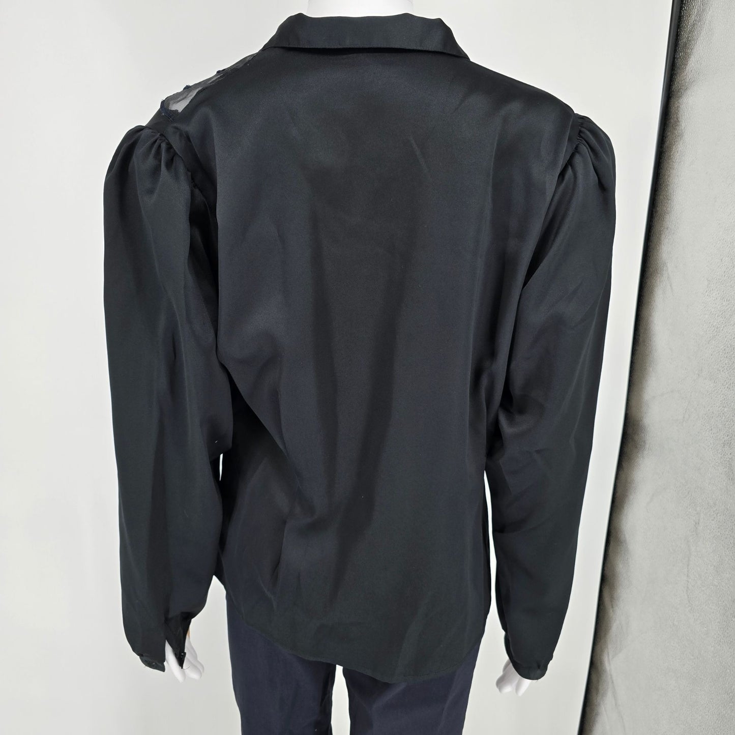 Vintage 1980s Women's Black Polyester Sheer Organza Insert Satin Blouse (M)