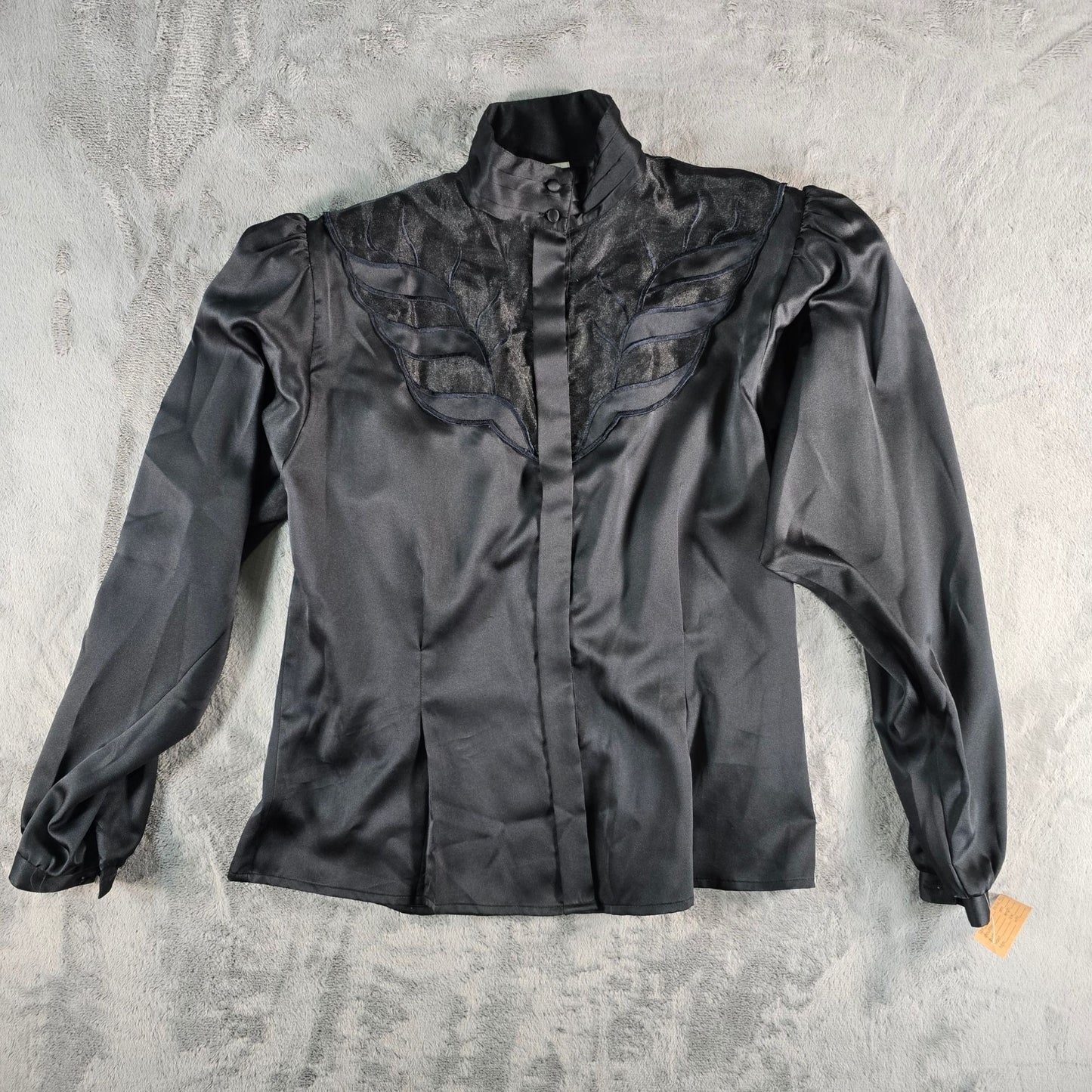 Vintage 1980s Women's Black Polyester Sheer Organza Insert Satin Blouse (M)