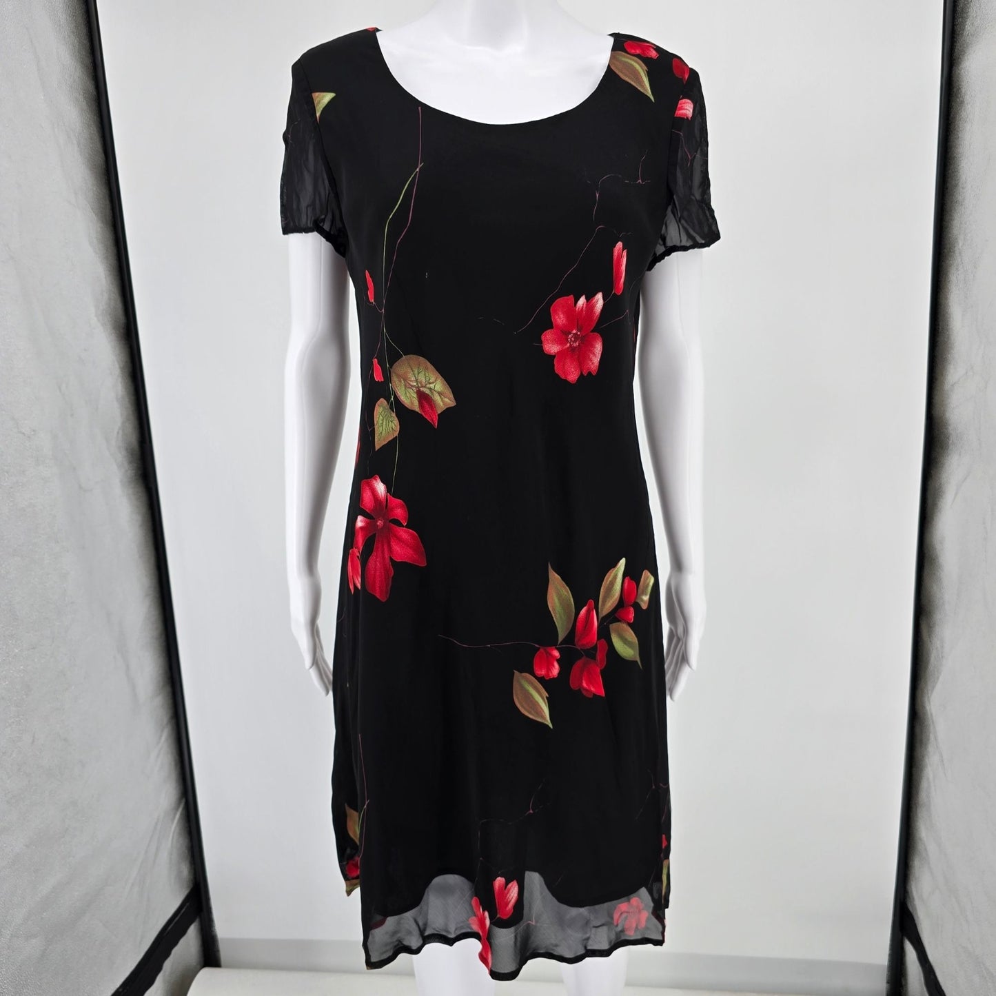 Vintage 1990s Jones New York Black Floral Rayon Chiffon Dress (14 Petite)