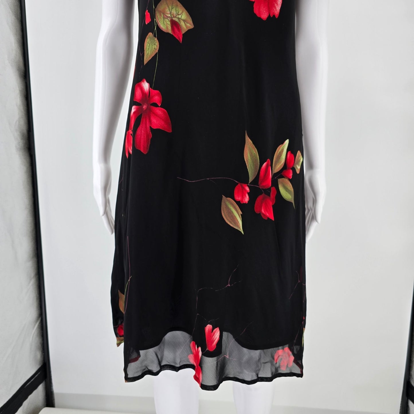 Vintage 1990s Jones New York Black Floral Rayon Chiffon Dress (14 Petite)