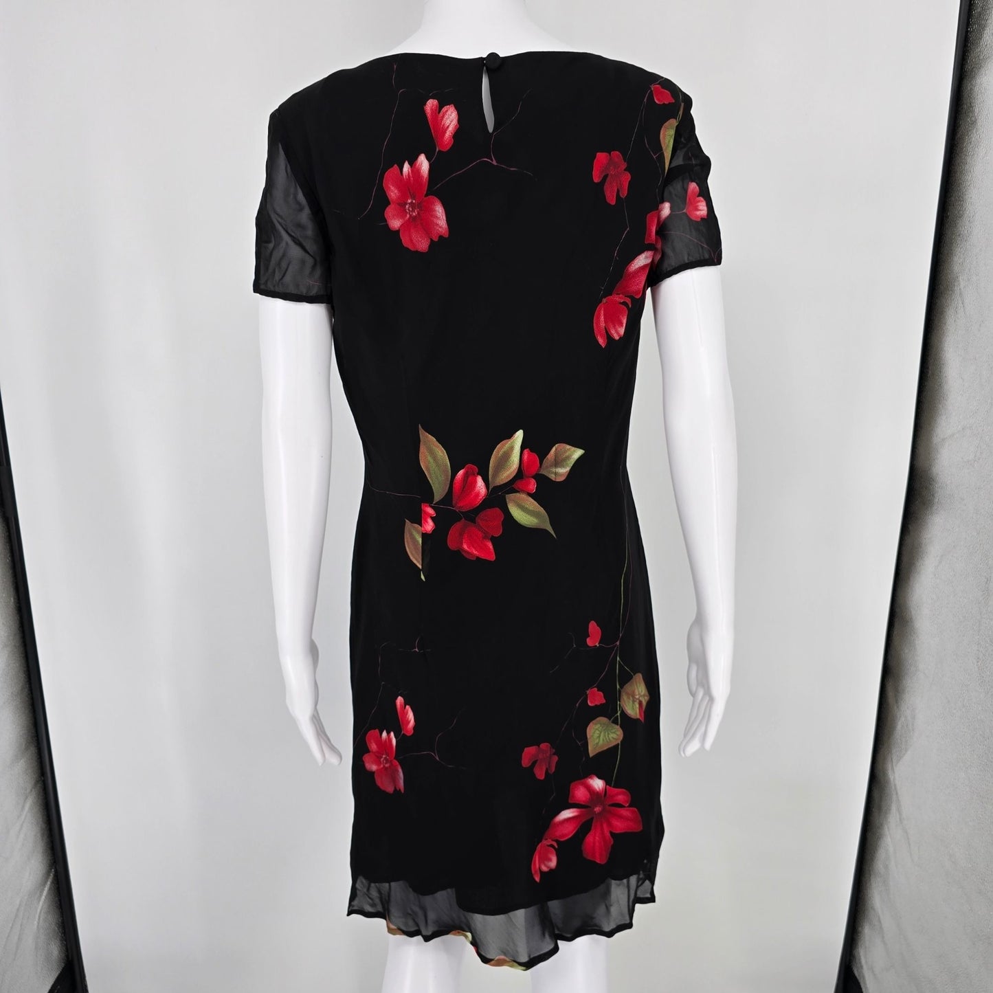 Vintage 1990s Jones New York Black Floral Rayon Chiffon Dress (14 Petite)