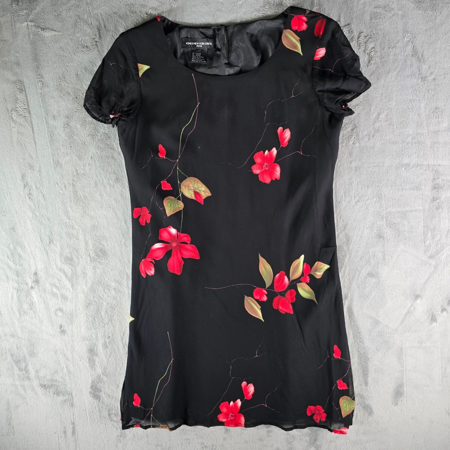 Vintage 1990s Jones New York Black Floral Rayon Chiffon Dress (14 Petite)