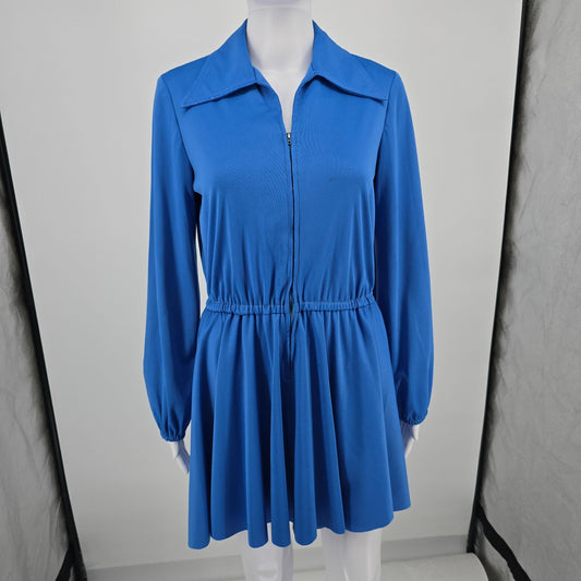 Vintage Early 1970s Blue Long Sleeve Zip-Front Dagger Collar Mini Dress (M)