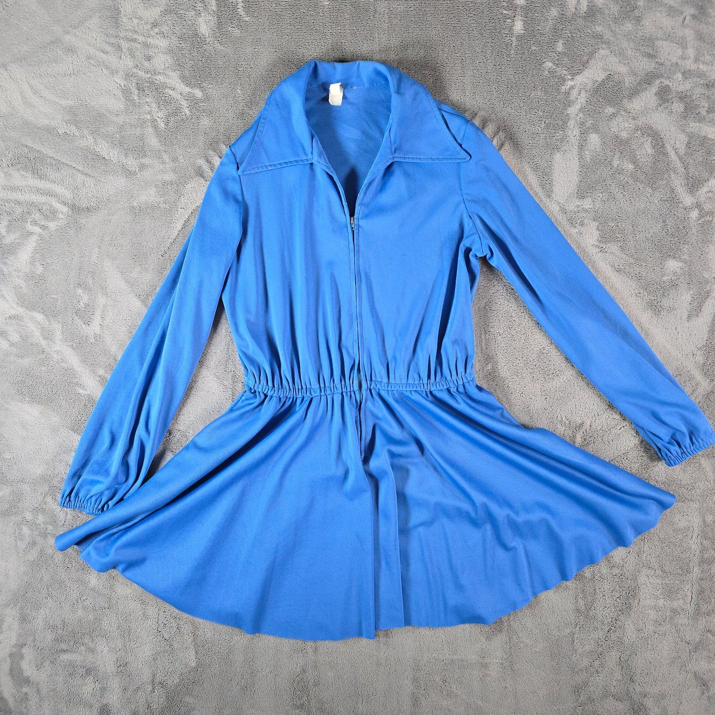 Vintage Early 1970s Blue Long Sleeve Zip-Front Dagger Collar Mini Dress (M)