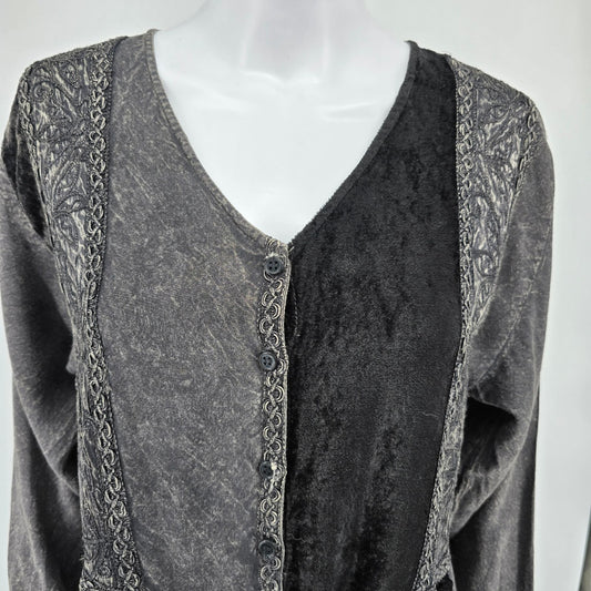 2010s Papillon Black/Gray Acid Wash Velvet Trim Peasant Festival Dress (S)