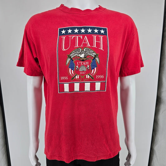 Distressed Vintage 1990s Oneita Utah State Seal 1896-1996 Centennial T-Shirt (L)