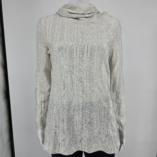 Vintage 1970s Judy Bond Metallic Silver Shimmer Cowl Neck Tunic Top (M/L)