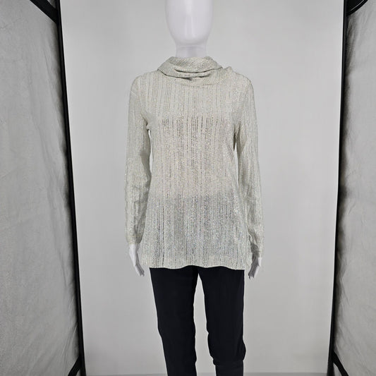Vintage 1970s Judy Bond Metallic Silver Shimmer Cowl Neck Tunic Top (M/L)
