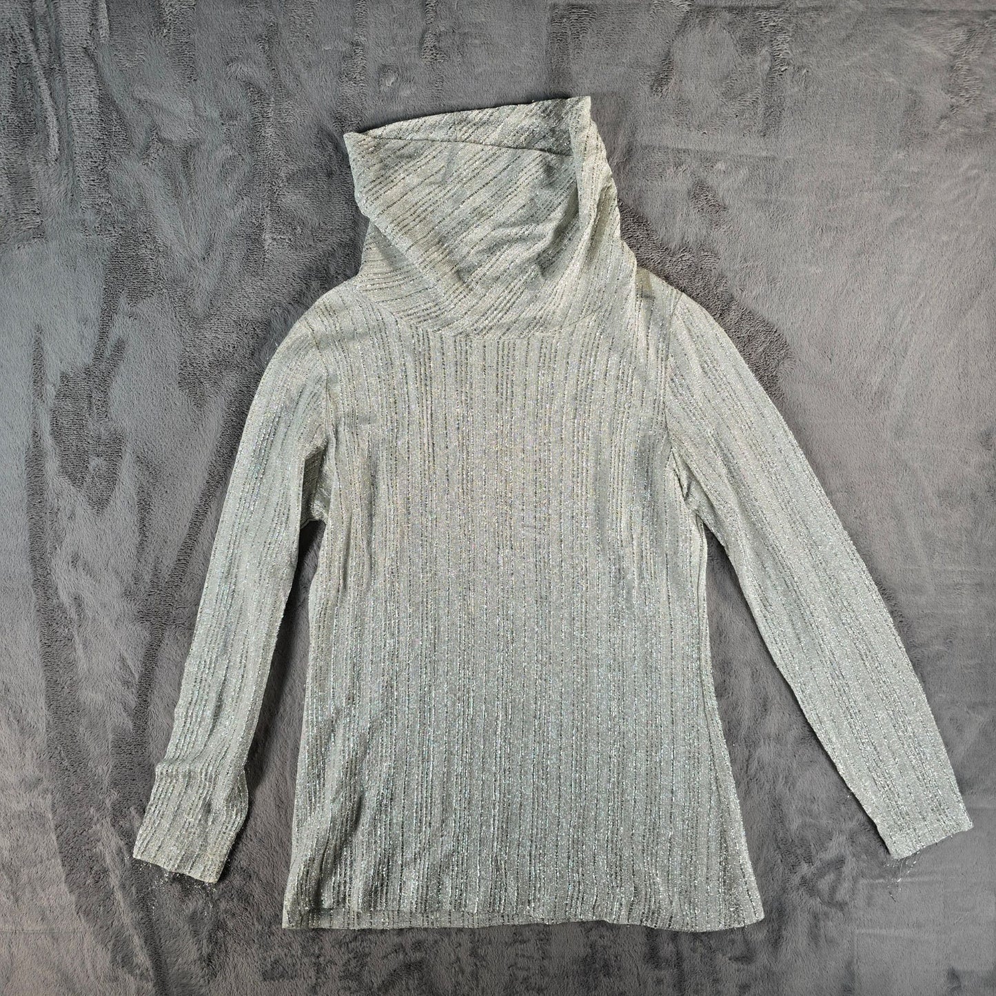 Vintage 1970s Judy Bond Metallic Silver Shimmer Cowl Neck Tunic Top (M/L)