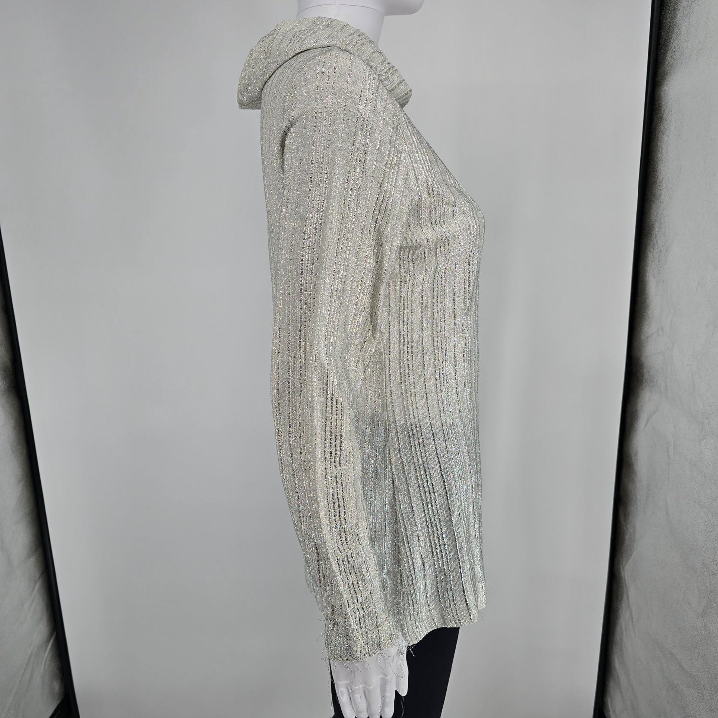 Vintage 1970s Judy Bond Metallic Silver Shimmer Cowl Neck Tunic Top (M/L)