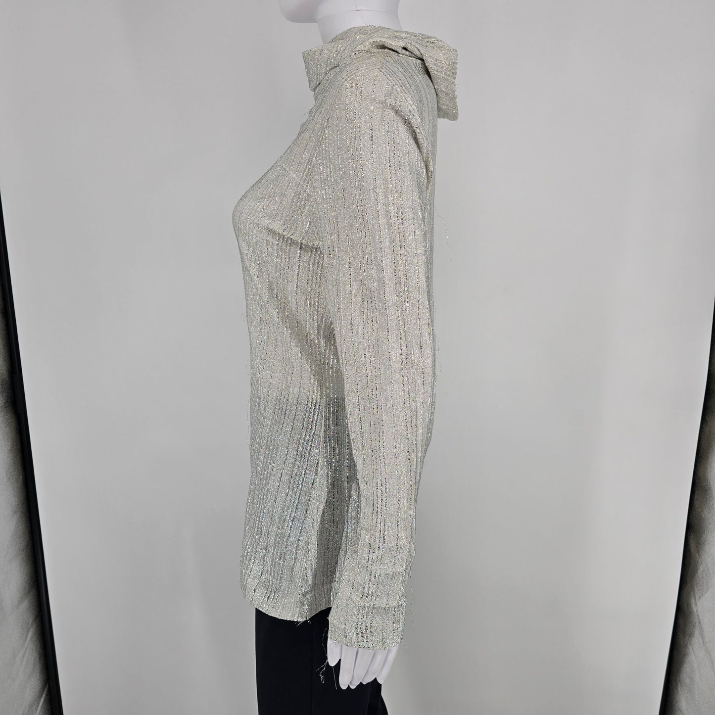 Vintage 1970s Judy Bond Metallic Silver Shimmer Cowl Neck Tunic Top (M/L)