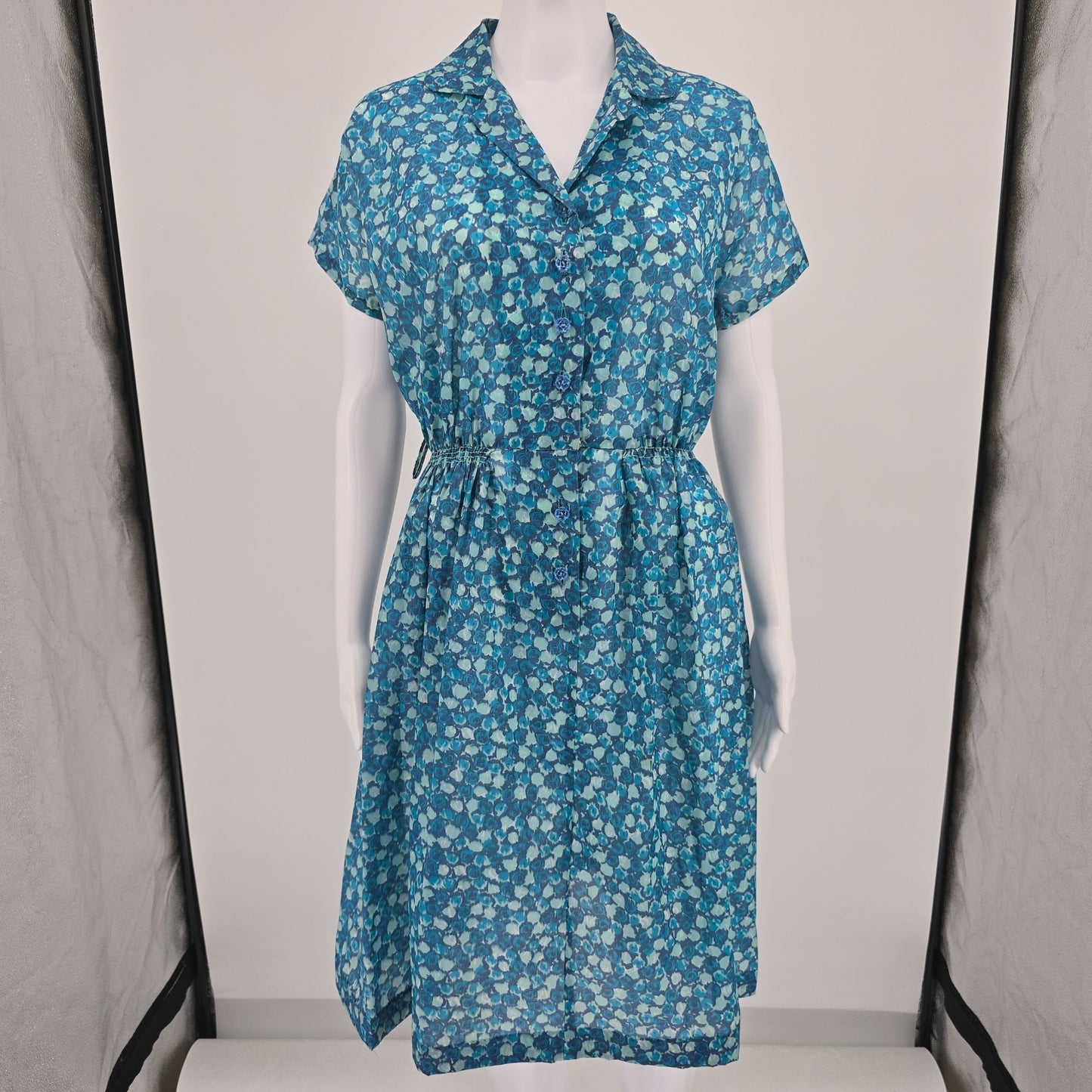 Vintage Late 1950s Blue Floral Semi-Sheer Elastic Waist Shirtdress Day Dress (M)