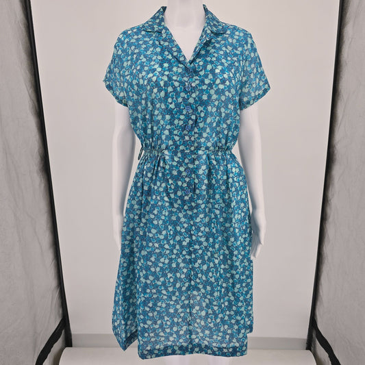 Vintage Late 1950s Blue Floral Semi-Sheer Elastic Waist Shirtdress Day Dress (M)