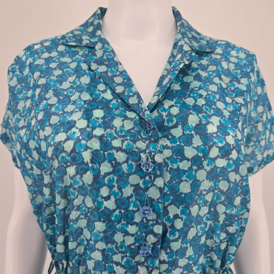 Vintage Late 1950s Blue Floral Semi-Sheer Elastic Waist Shirtdress Day Dress (M)