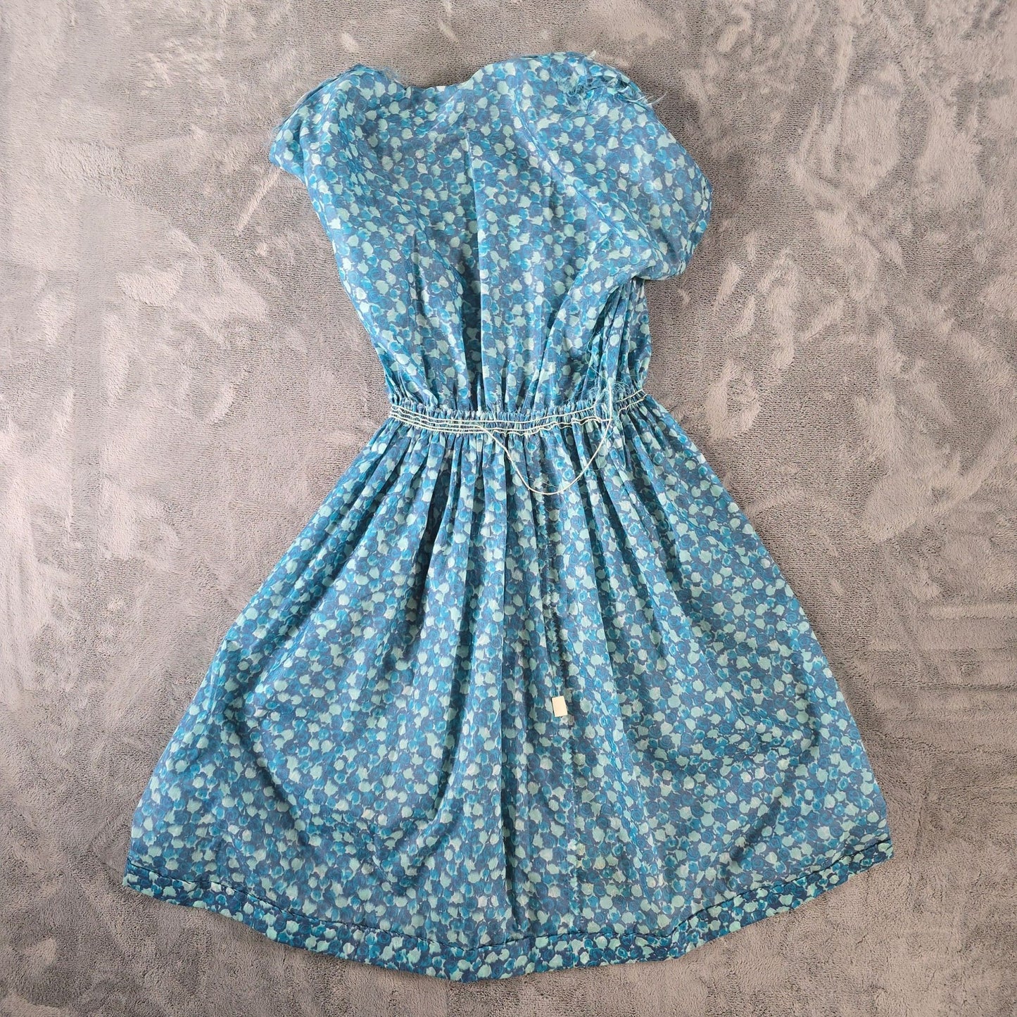 Vintage Late 1950s Blue Floral Semi-Sheer Elastic Waist Shirtdress Day Dress (M)