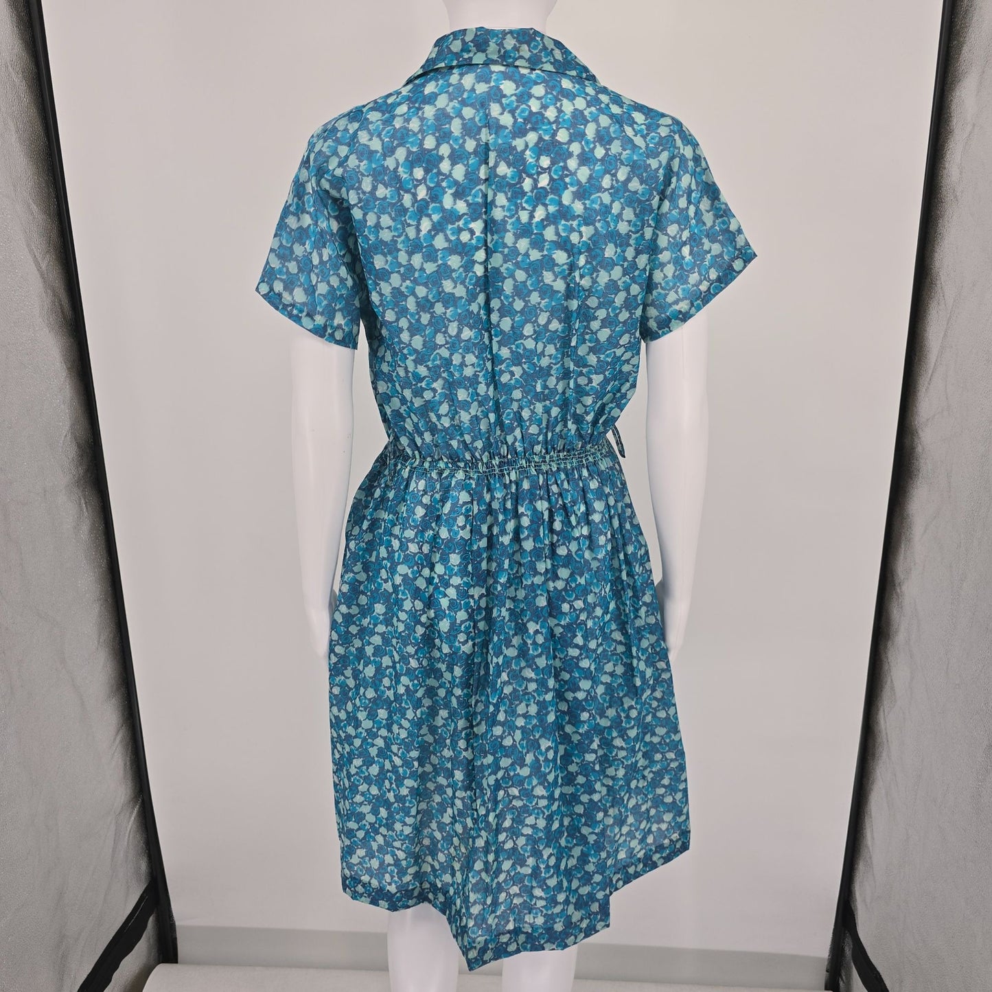 Vintage Late 1950s Blue Floral Semi-Sheer Elastic Waist Shirtdress Day Dress (M)