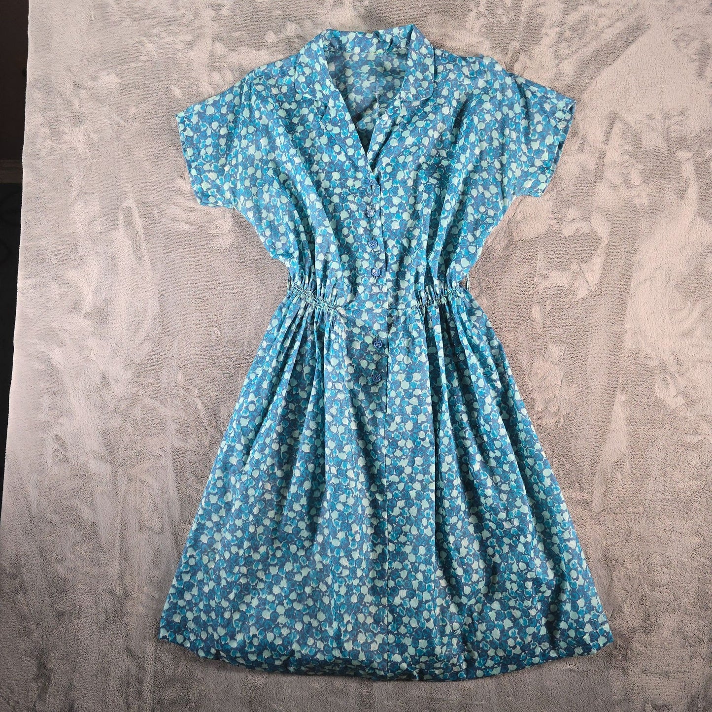 Vintage Late 1950s Blue Floral Semi-Sheer Elastic Waist Shirtdress Day Dress (M)