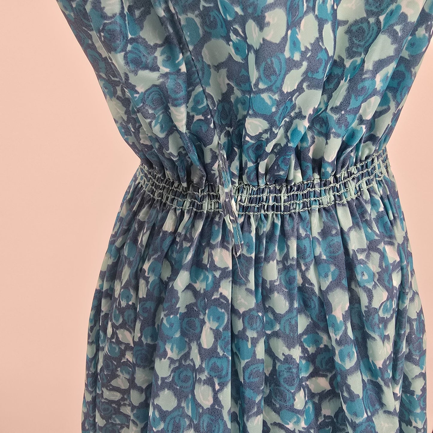 Vintage Late 1950s Blue Floral Semi-Sheer Elastic Waist Shirtdress Day Dress (M)