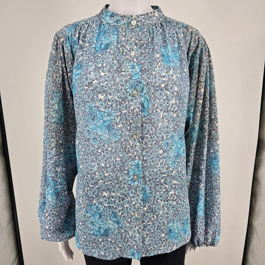 Vintage 1970s Lucky Tops Blue Floral Print Band Collar Peasant Blouse (XL)