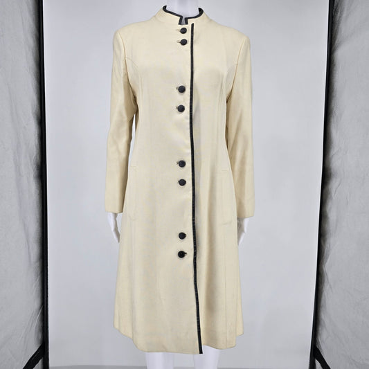 Vintage 1960s Renlyn Women's Long Mandarin Collar Contrast Piping Mod Coat (M)