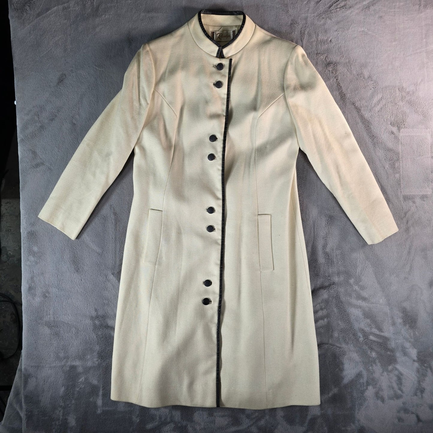 Vintage 1960s Renlyn Women's Long Mandarin Collar Contrast Piping Mod Coat (M)