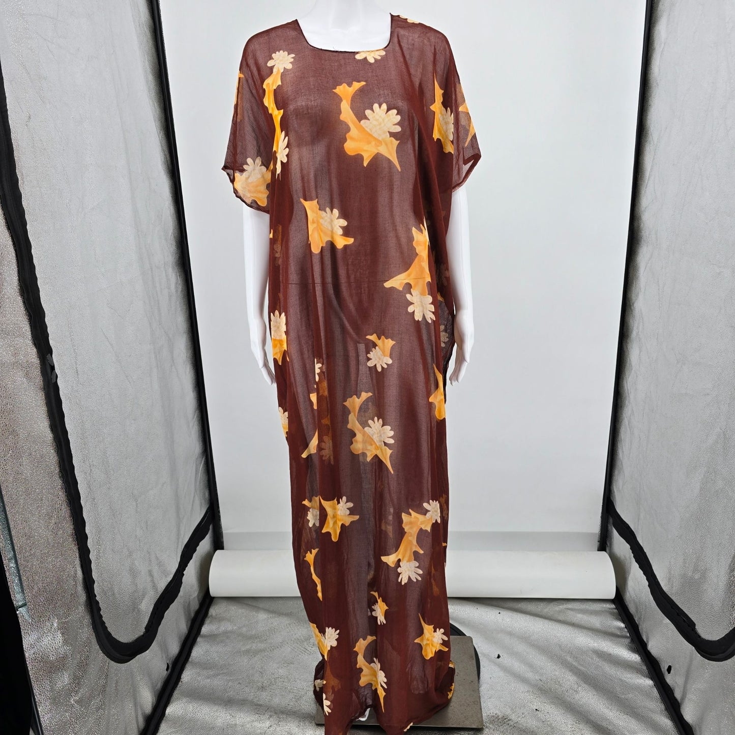Vintage 1970s Handmade Kanebo Cotton Sheer Brown Floral Caftan Maxi Dress (OSFM)