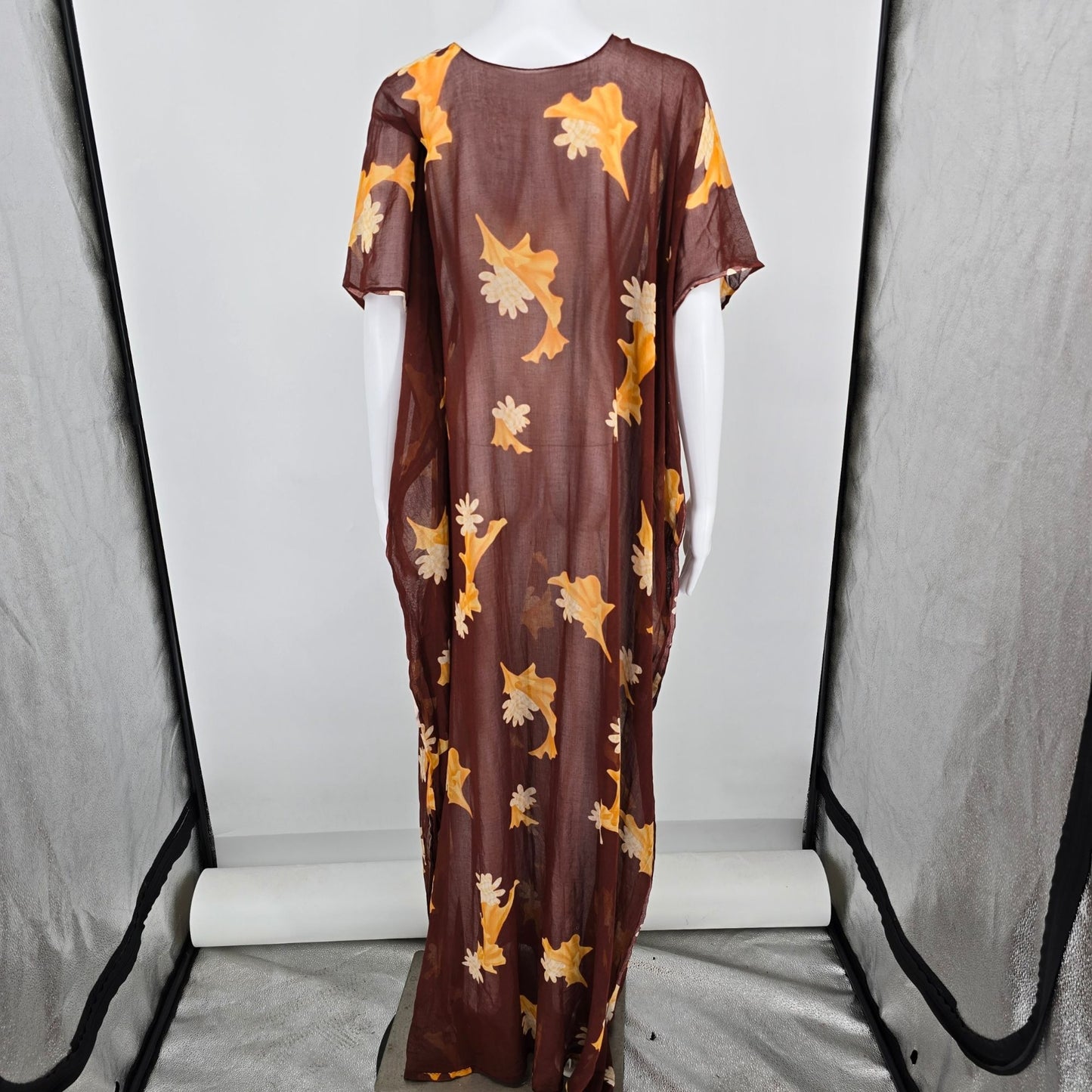 Vintage 1970s Handmade Kanebo Cotton Sheer Brown Floral Caftan Maxi Dress (OSFM)