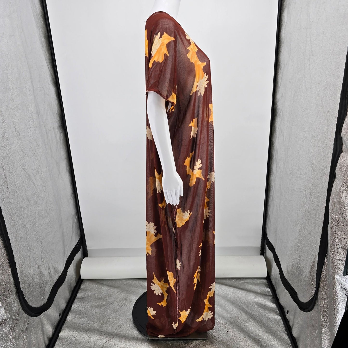 Vintage 1970s Handmade Kanebo Cotton Sheer Brown Floral Caftan Maxi Dress (OSFM)