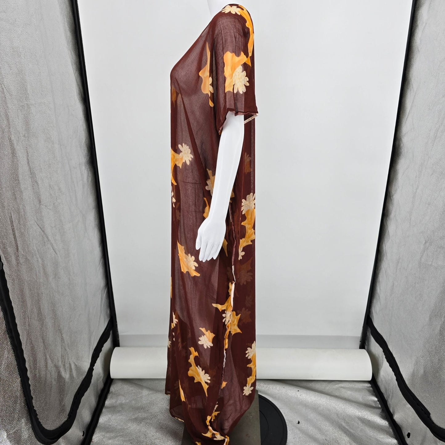 Vintage 1970s Handmade Kanebo Cotton Sheer Brown Floral Caftan Maxi Dress (OSFM)