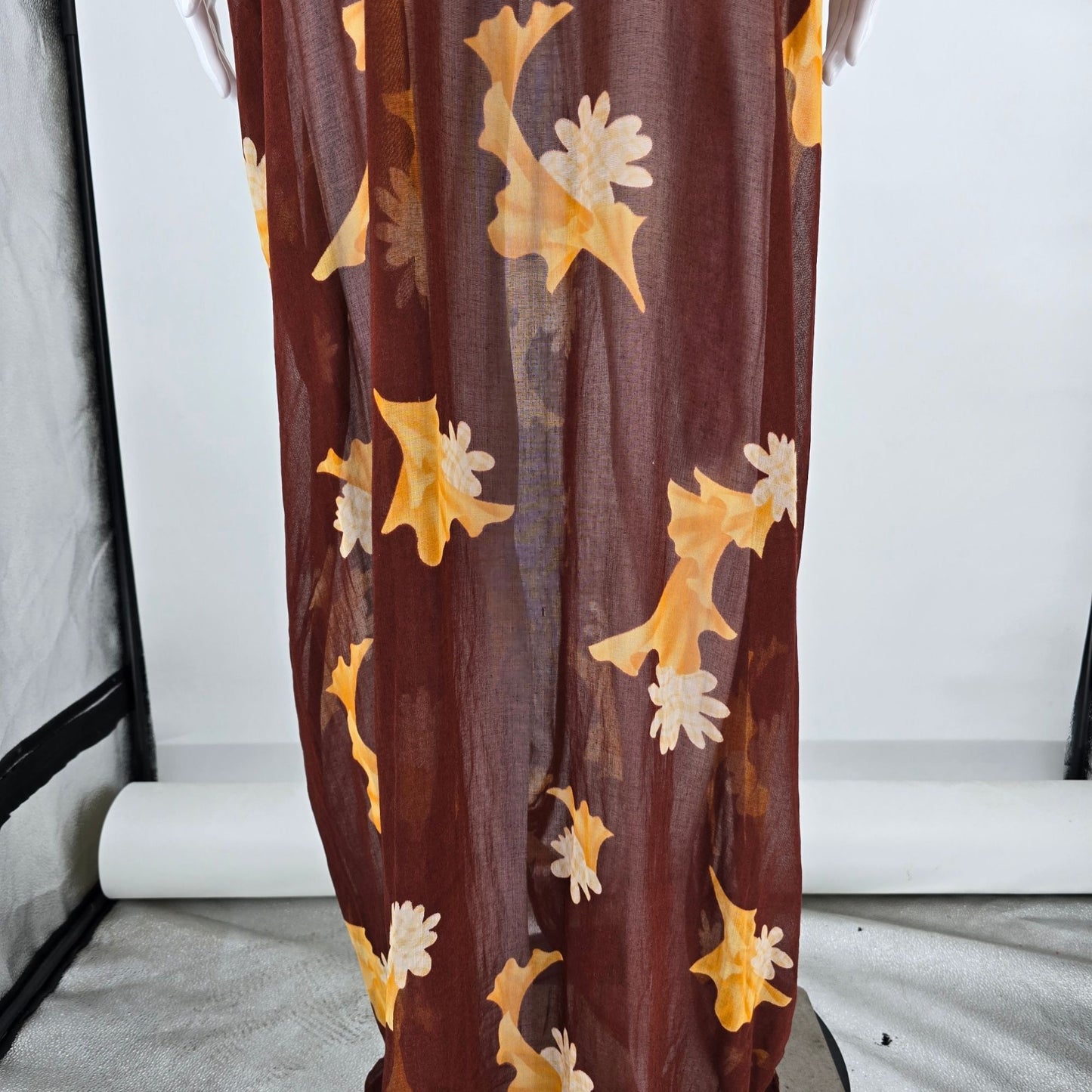 Vintage 1970s Handmade Kanebo Cotton Sheer Brown Floral Caftan Maxi Dress (OSFM)