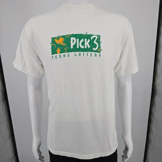 Vintage 1990s Hanes Beefy-T White Texas Lottery Pick 3 Promo T-Shirt (M/L)
