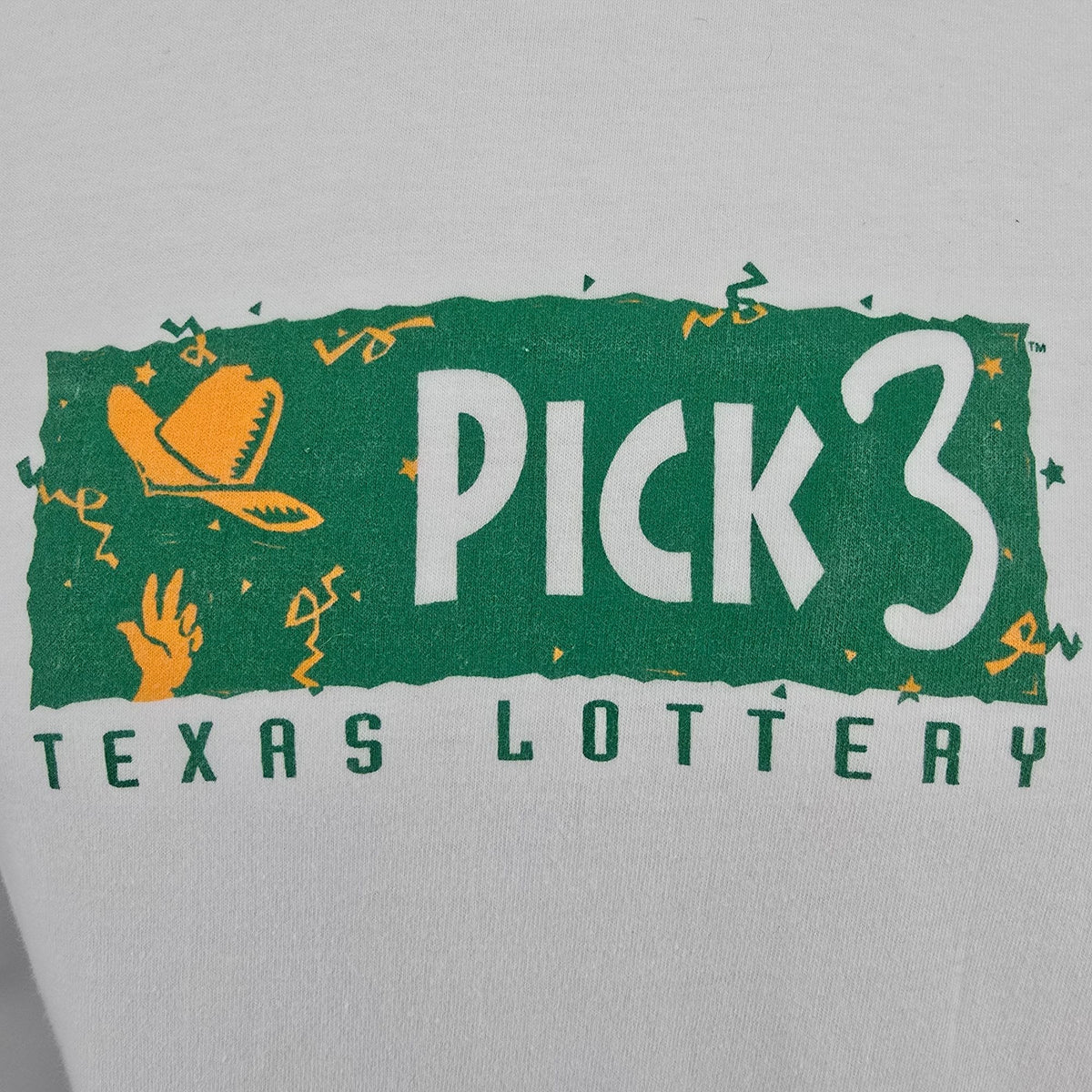 Vintage 1990s Hanes Beefy-T White Texas Lottery Pick 3 Promo T-Shirt (M/L)