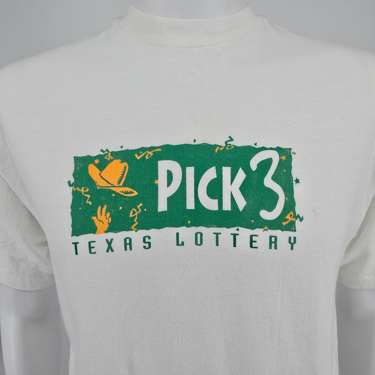 Vintage 1990s Hanes Beefy-T White Texas Lottery Pick 3 Promo T-Shirt (M/L)