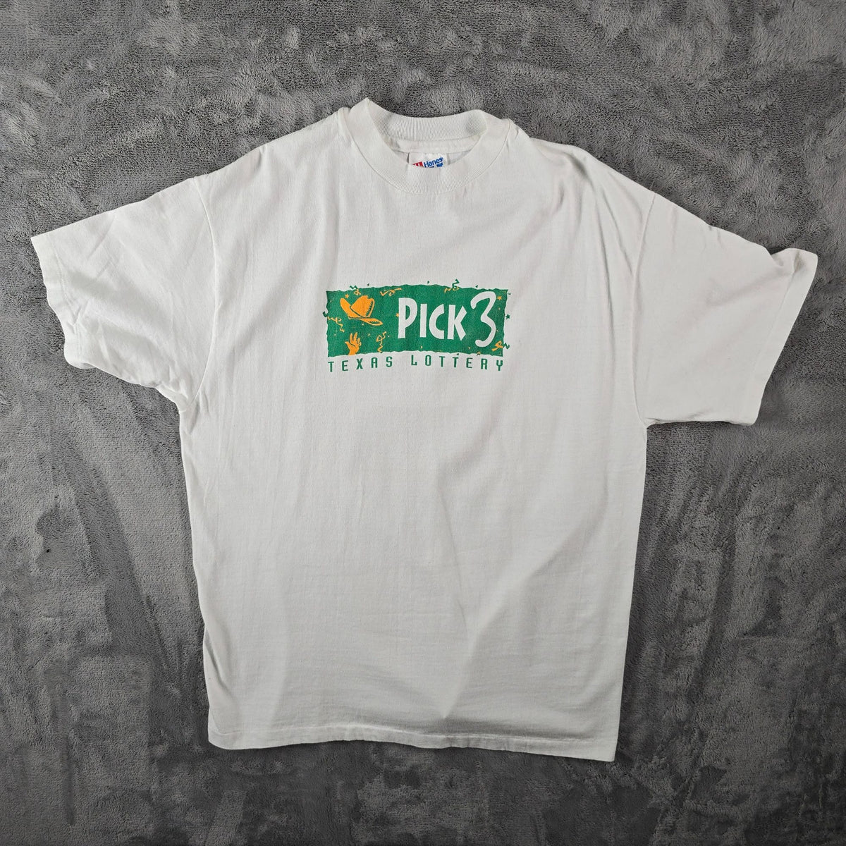 Vintage 1990s Hanes Beefy-T White Texas Lottery Pick 3 Promo T-Shirt (M/L)