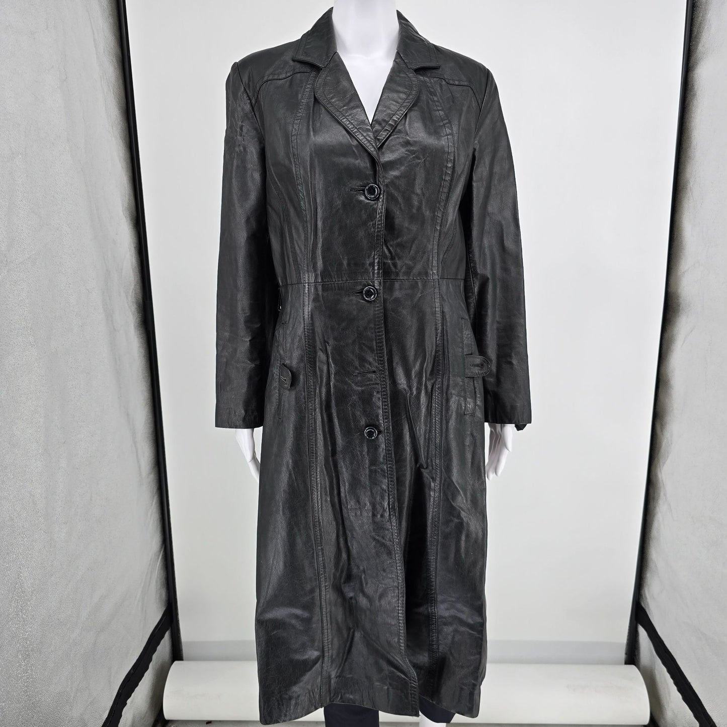 Vintage 1990s Split End Ltd. Single-Breasted Black Leather Trench Coat (M)