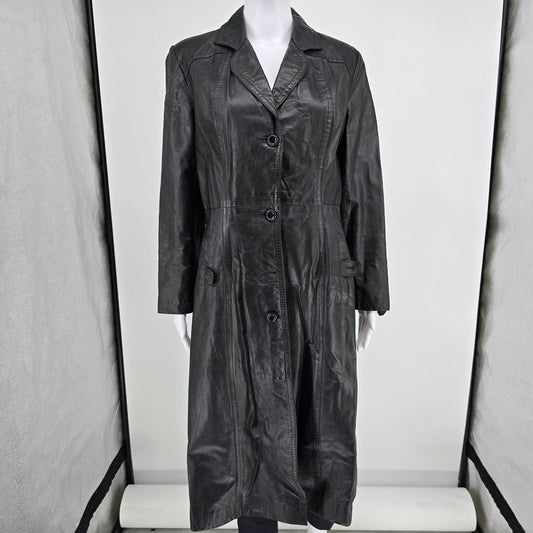 Vintage 1990s Split End Ltd. Single-Breasted Black Leather Trench Coat (M)