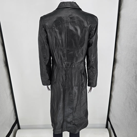 Vintage 1990s Split End Ltd. Single-Breasted Black Leather Trench Coat (M)