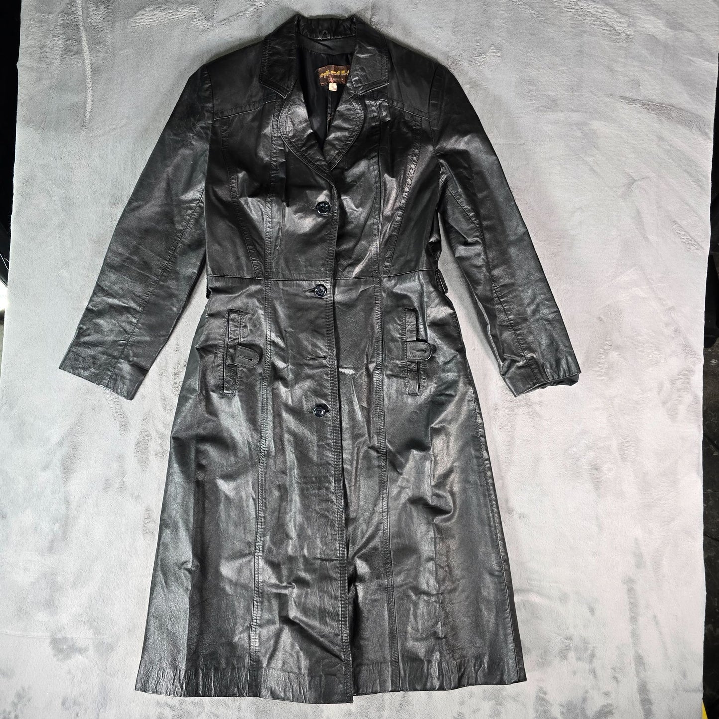 Vintage 1990s Split End Ltd. Single-Breasted Black Leather Trench Coat (M)
