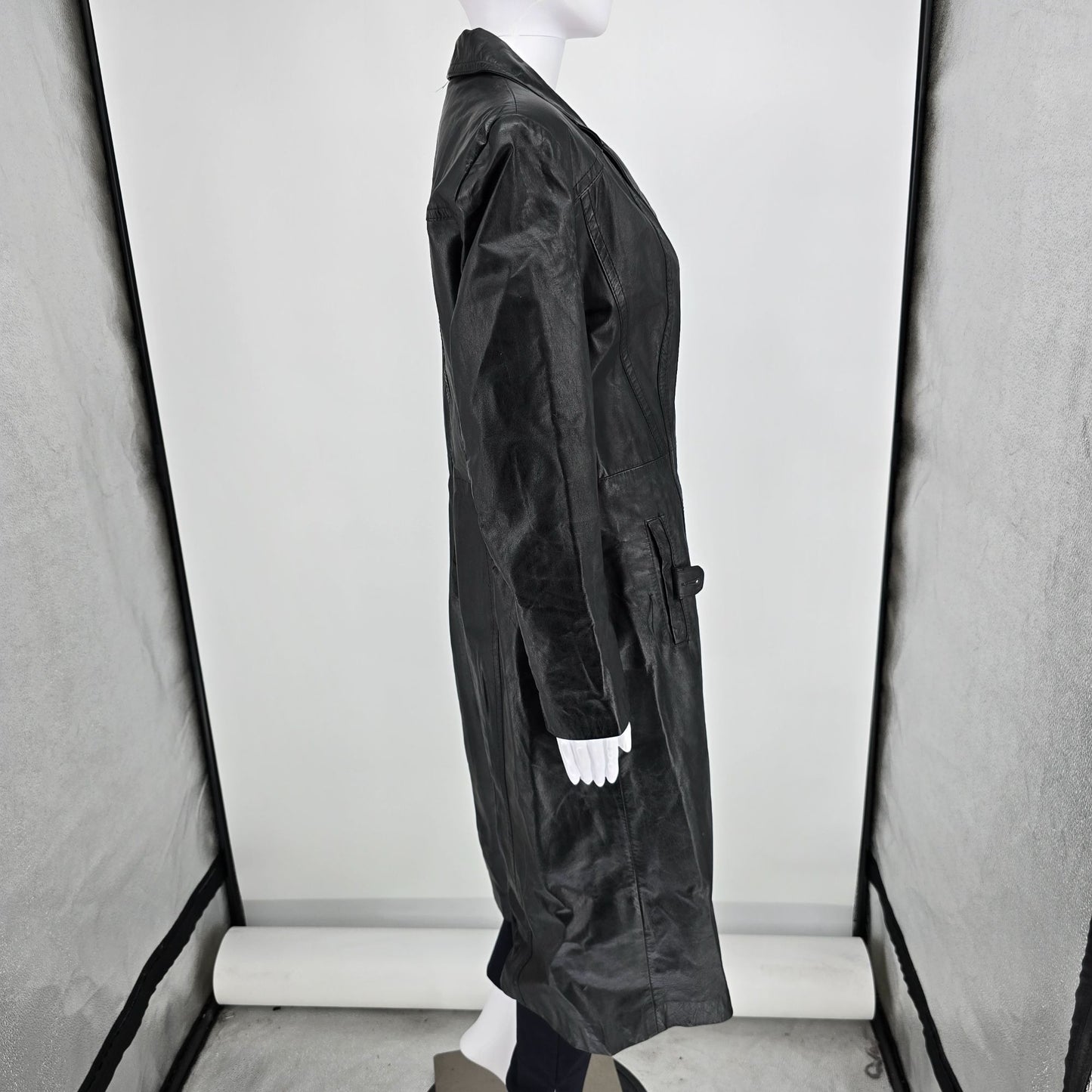 Vintage 1990s Split End Ltd. Single-Breasted Black Leather Trench Coat (M)