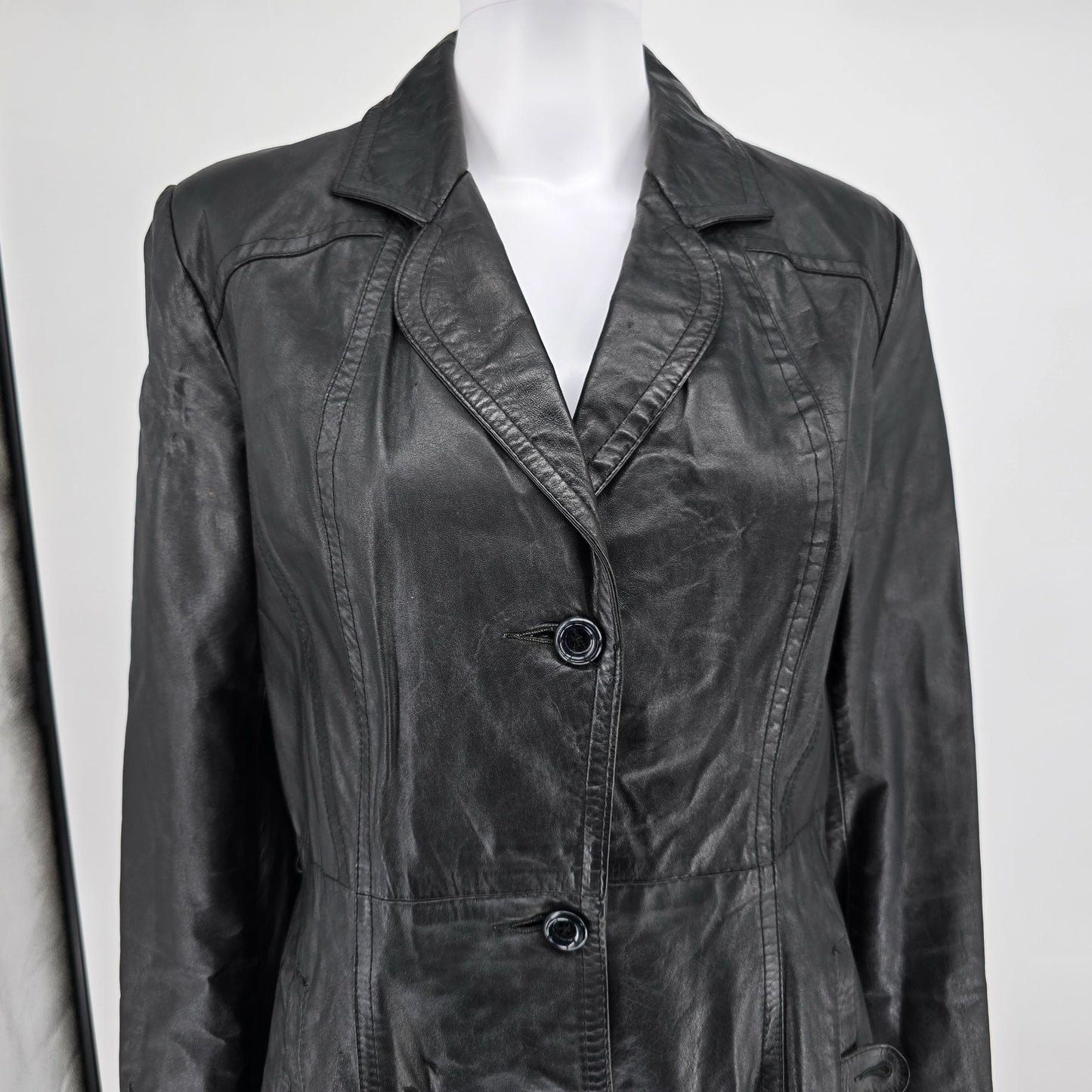 Vintage 1990s Split End Ltd. Single-Breasted Black Leather Trench Coat (M)