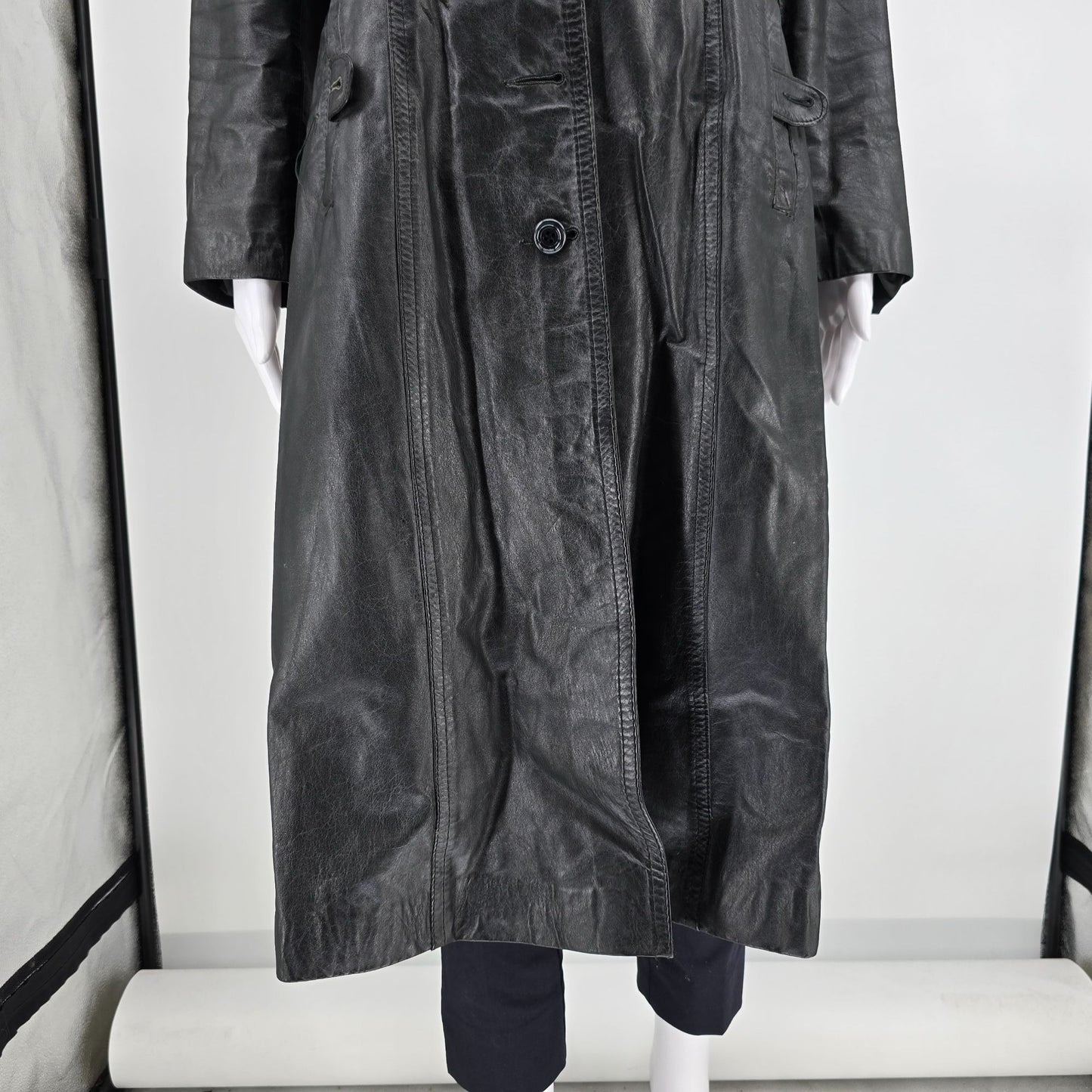 Vintage 1990s Split End Ltd. Single-Breasted Black Leather Trench Coat (M)