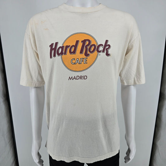Dirty White Vintage 1990s Hard Rock Cafe Madrid Logo Souvenir T-Shirt (XL)