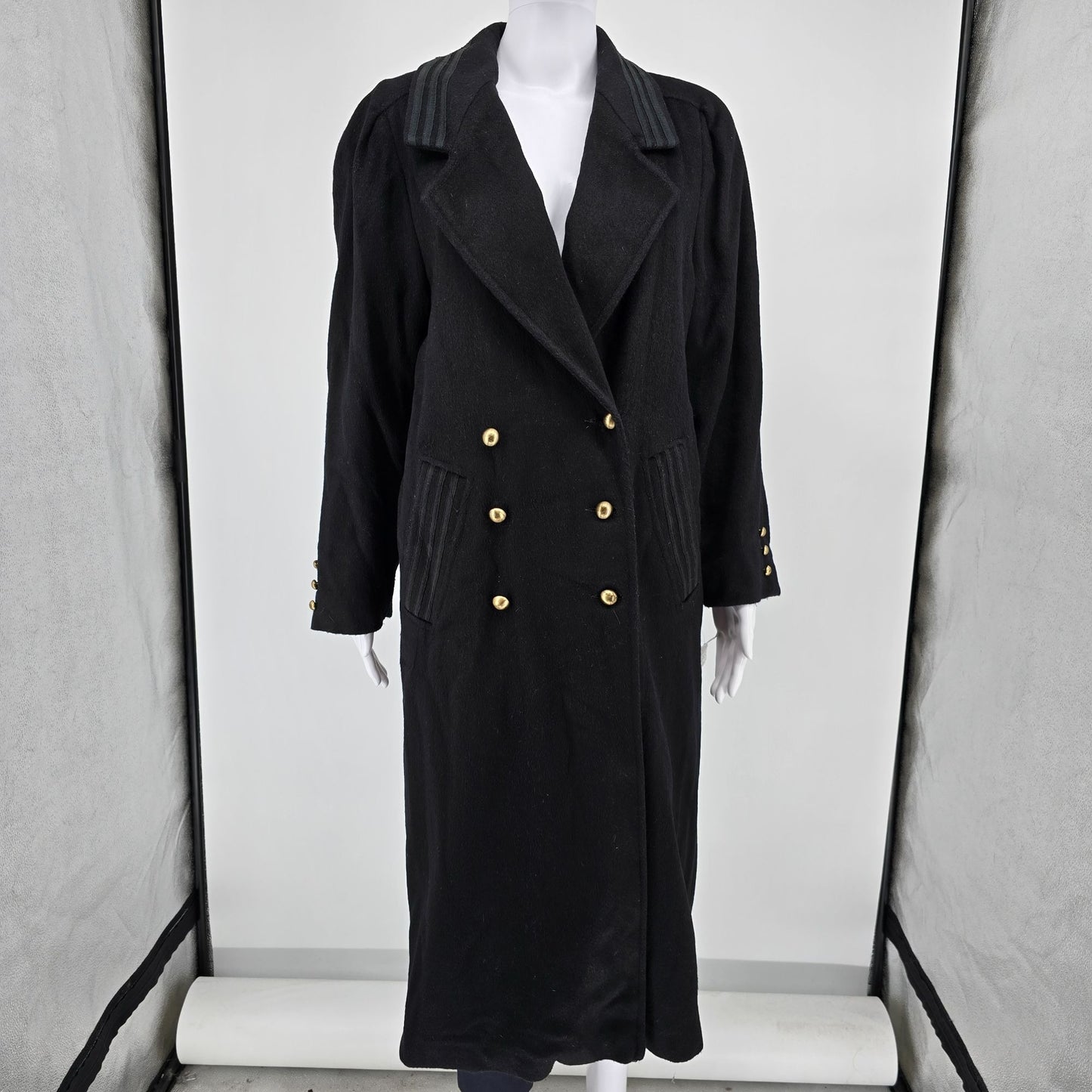 Vintage 1980s Donnybrook Black Hockanum Wool Double-Breasted Long Coat (8P)