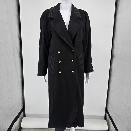 Vintage 1980s Donnybrook Black Hockanum Wool Double-Breasted Long Coat (8P)